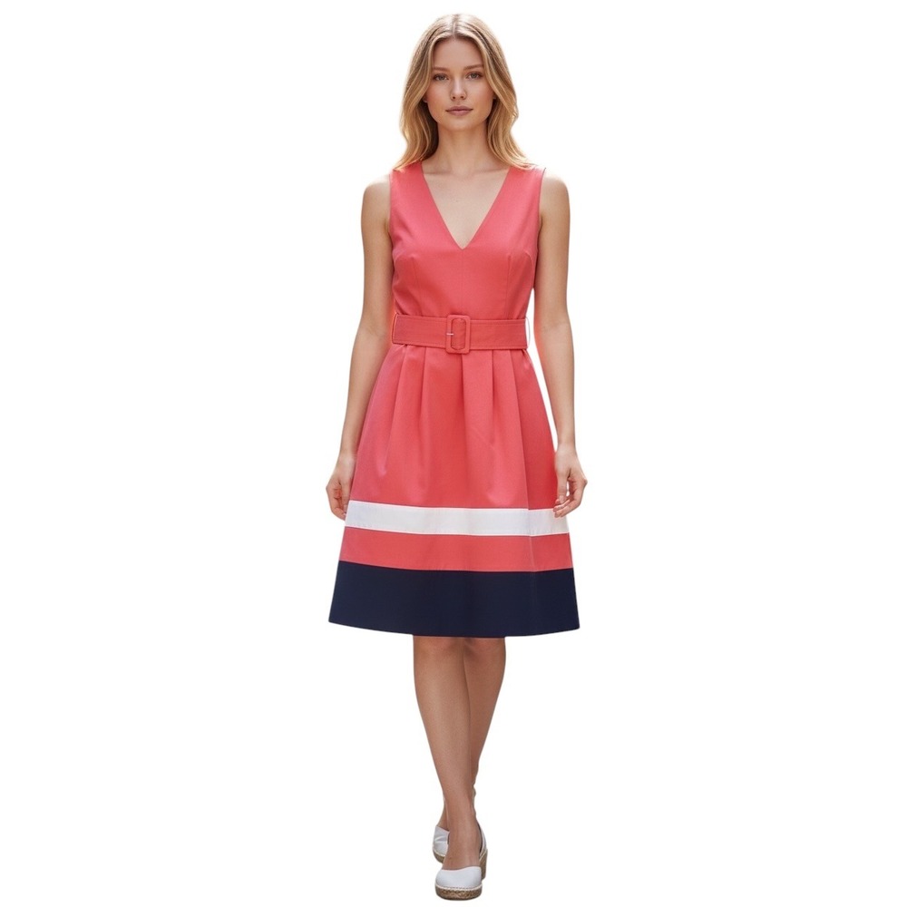 Kate Spade New York "Sawyer" Belted Fit & Flare Dress Pink White Navy Stripe